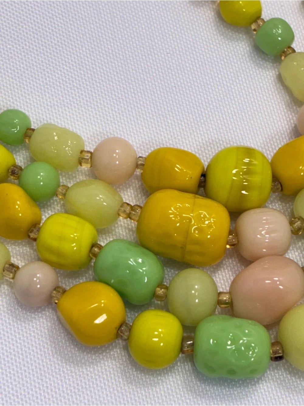 Vintage Multi-strand Pastel Bead Necklace - Yellow, Lime, Pale Peach Art Glass